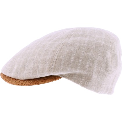 Flat cap in patterned fabric with cork visor.