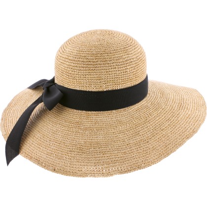 Large straw brim hat, with plain ribbon and interior drawstring.