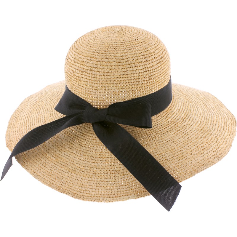 Large straw brim hat, with plain ribbon and interior drawstring.