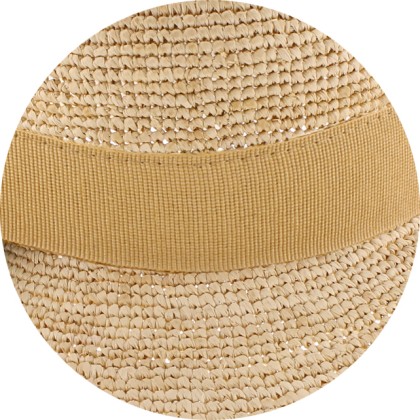 Large straw brim hat, with plain ribbon and interior drawstring.