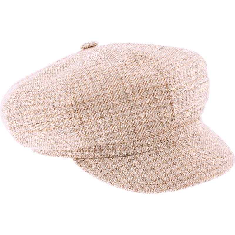 Women's newsboy cap in patterned fabric, with elastic at the back.