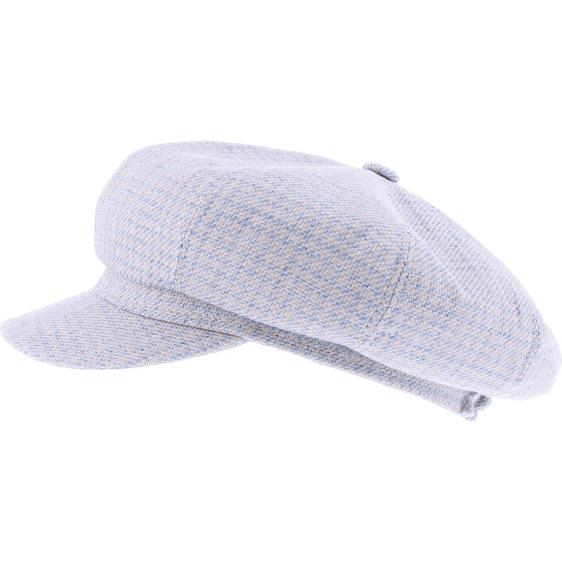 Women's newsboy cap in patterned fabric, with elastic at the back.