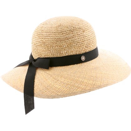 Women's straw hat, large plain brim with ribbon and bow at the back.