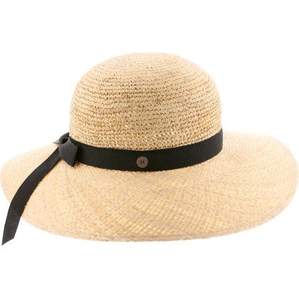 Women's straw hat, large plain brim with ribbon and bow at the back.