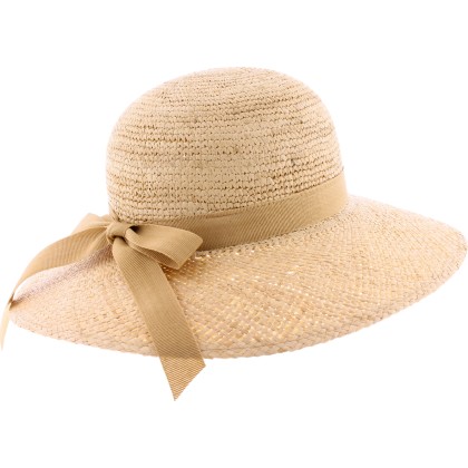 Women's straw hat, large plain brim with ribbon and bow at the back.