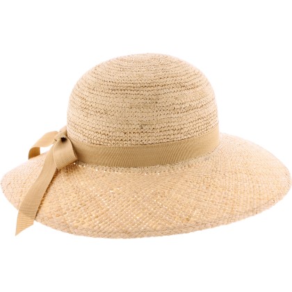 Women's straw hat, large plain brim with ribbon and bow at the back.