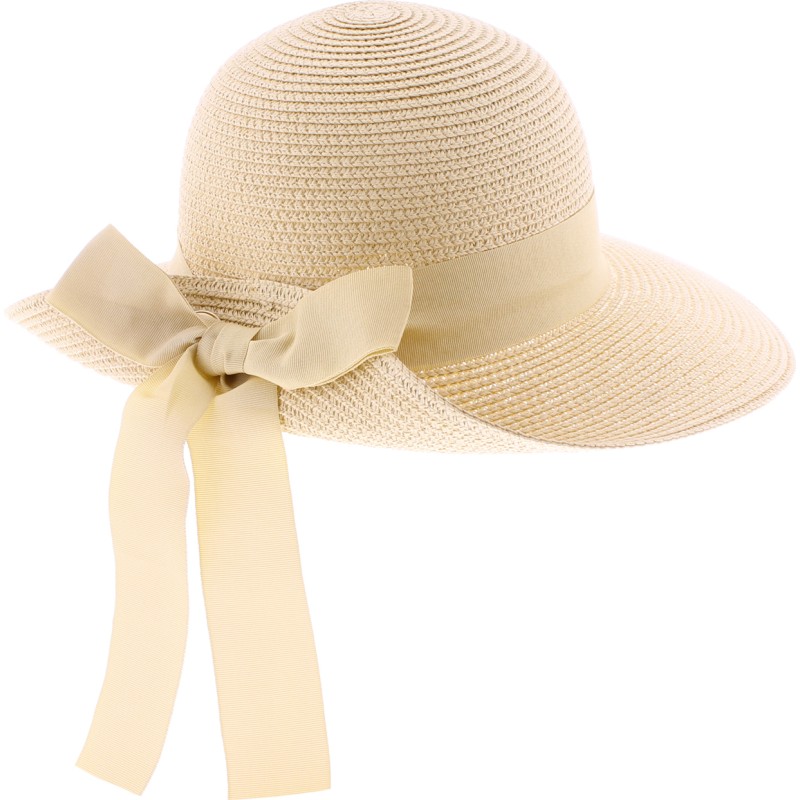 Large brim hat raised at the back in paper braid with flower pattern s