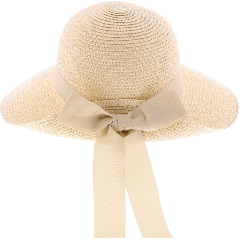 Large brim hat raised at the back in paper braid with flower pattern s