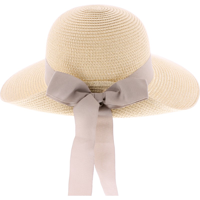 Large brim hat raised at the back in paper braid with flower pattern s