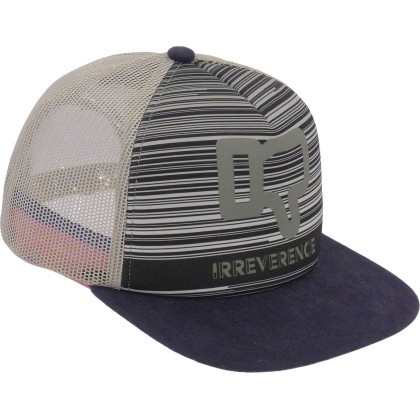 Two-tone baseball cap with flat peak and mesh.