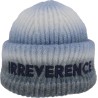 Printed knitted beanie with embroidery on cuff.