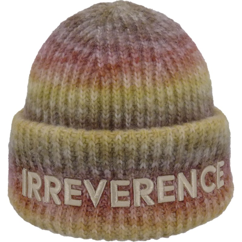 Printed knitted beanie with embroidery on cuff.