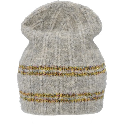 Fine knitted adult beanie with lurex stripes.