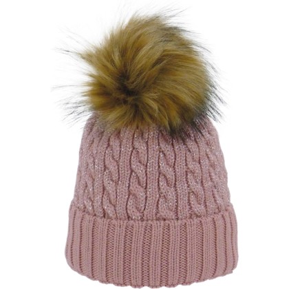Adult fine knit hat, knitted with lurex and faux fur pompon