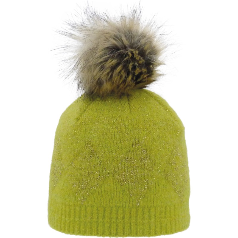Adult fine knit beanie with lurex and faux fur pompon