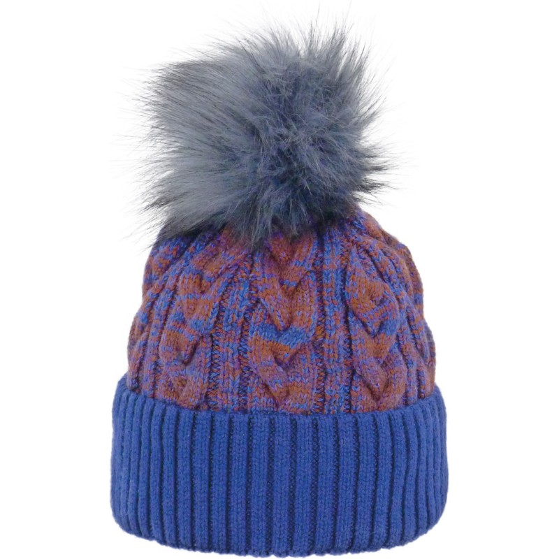 Bonnet adulte torsadé maille fine avec revers, bicolore avec un pompon