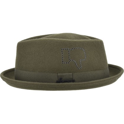 Hat with small raised brim in plain wool felt with metal markings.
