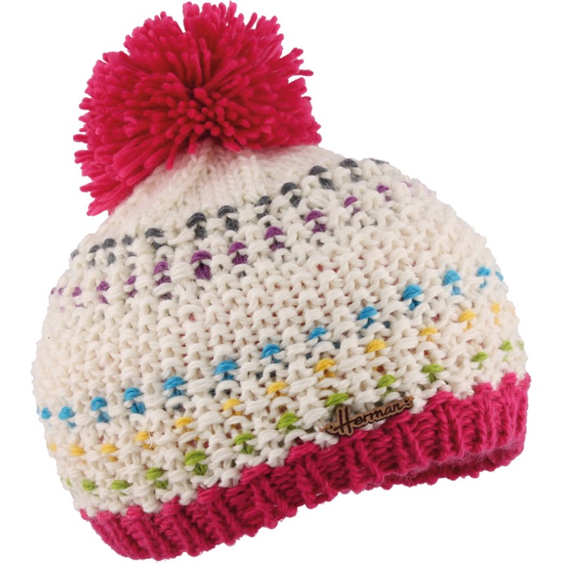 Bonnet multicolore  en maille tricoté main avec pompon doublé micro pl