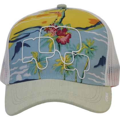 Multicolored baseball cap with soft mesh, plain visor, and tropical fr