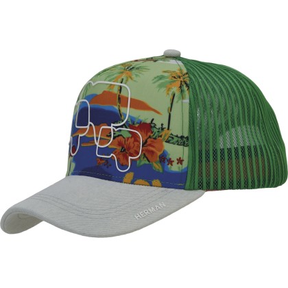 Multicolored baseball cap with soft mesh, plain visor, and tropical fr