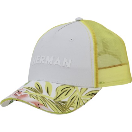 Baseball cap with rigid mesh, sandwich visor with tropical print, plai