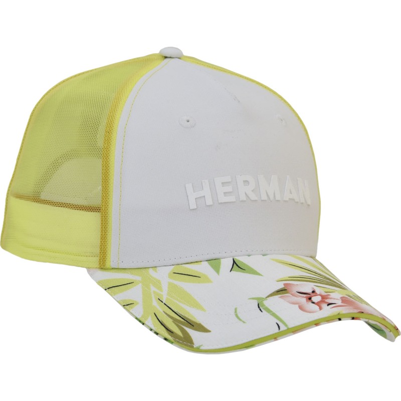 Baseball cap with rigid mesh, sandwich visor with tropical print, plai