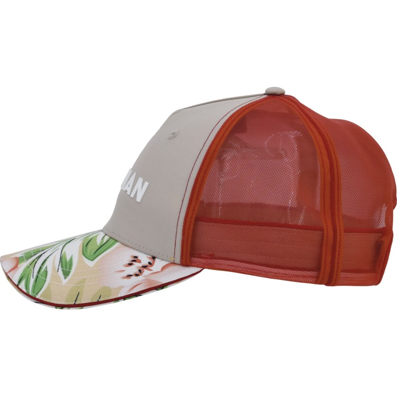 Baseball cap with rigid mesh, sandwich visor with tropical print, plai