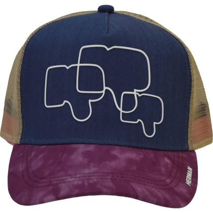 Multicolored baseball cap with mesh, marbled visor, and plain front pa