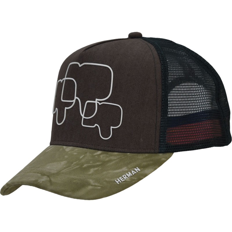 Multicolored baseball cap with mesh, marbled visor, and plain front pa