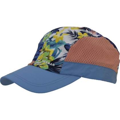 Multicolored baseball cap with soft mesh sides and a floral print on t