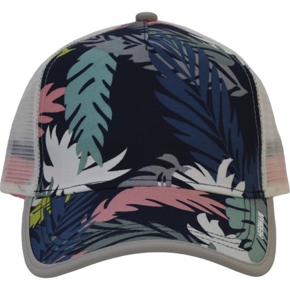 Baseball cap with mesh, visor, and front panel with floral print