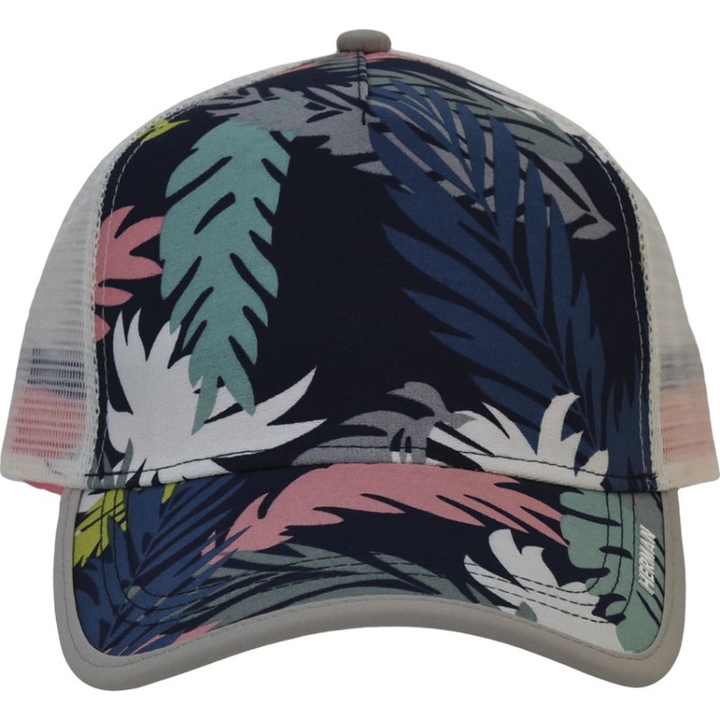Baseball cap with mesh, visor, and front panel with floral print