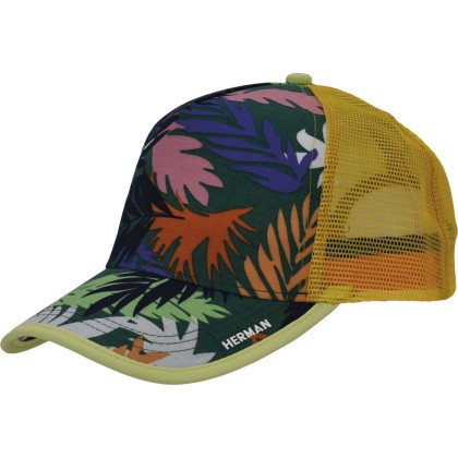 Baseball cap with mesh, visor, and front panel with floral print