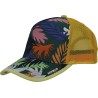 Baseball cap with mesh, visor, and front panel with floral print