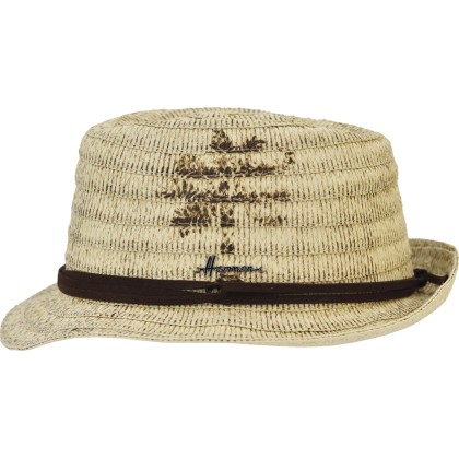 Chapeau petit bord en paille papier chinée, usée