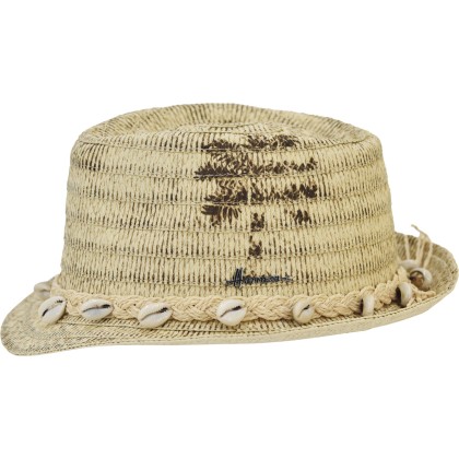 Small-brimmed hat made of mottled, worn paper straw