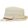Small brimmed hat made of openwork paper straw with a grosgrain ribbon