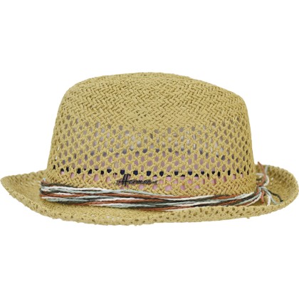 Small brimmed “Brooklyn” hat in plain and openwork paper straw with a