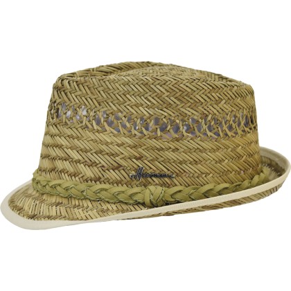 Small-brimmed hat made of openwork natural straw with a belt