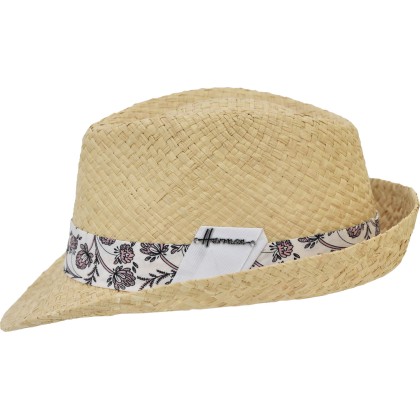 Small-brimmed raffia straw hat with a large fabric grosgrain ribbon