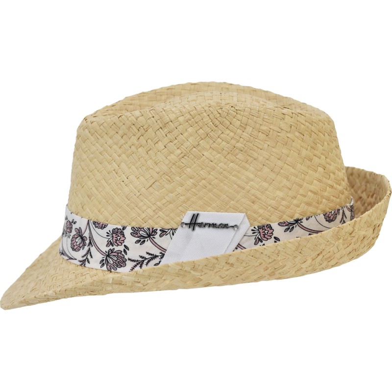 Small-brimmed raffia straw hat with a large fabric grosgrain ribbon