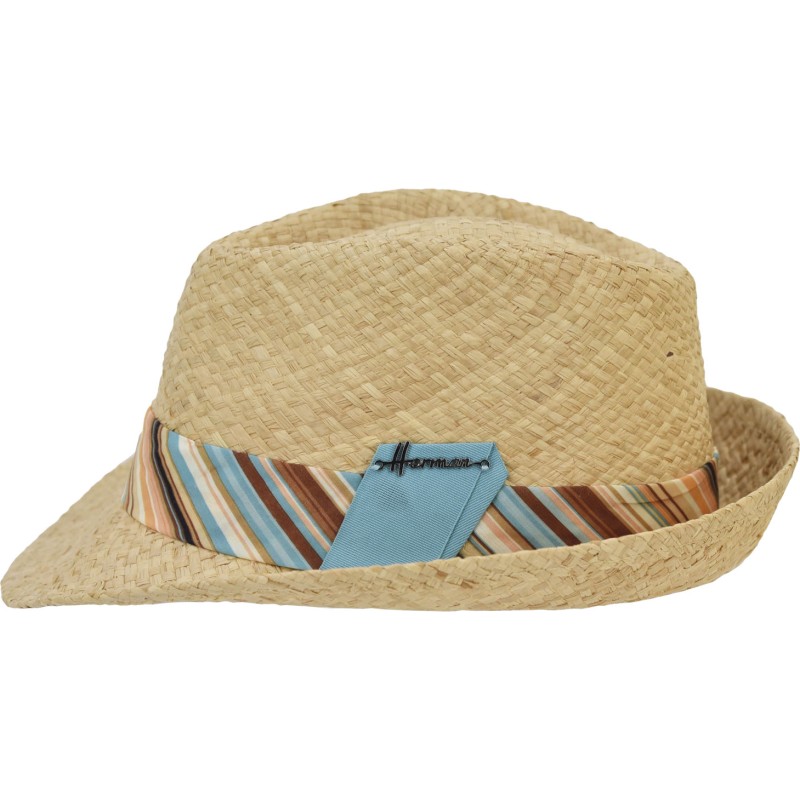 Small-brimmed raffia straw hat with a large fabric grosgrain ribbon