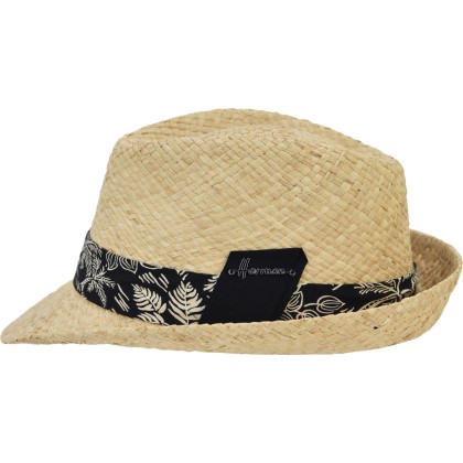 Small-brimmed raffia straw hat with a large fabric grosgrain ribbon