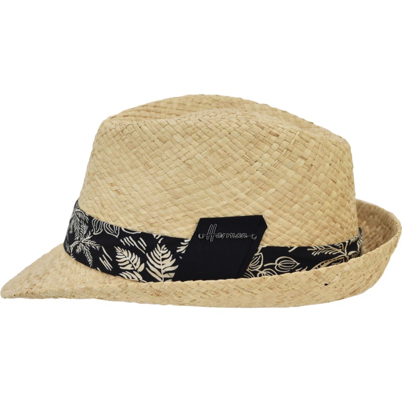 Small-brimmed raffia straw hat with a large fabric grosgrain ribbon
