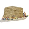 Small brimmed hat with a burnt sunflower straw crown and multicolored