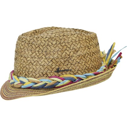 Small brimmed hat with a burnt sunflower straw crown and multicolored