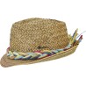 Small brimmed hat with a burnt sunflower straw crown and multicolored