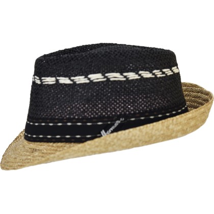 Small brimmed hat with openwork paper straw crown and natural straw br
