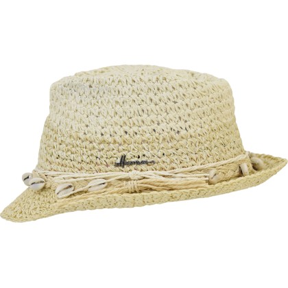 Chapeau petit bord bicolore, en paille papier crochetée avec des lacet