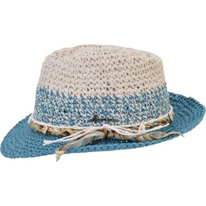 Chapeau petit bord bicolore, en paille papier crochetée avec des lacet